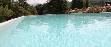 Seasonal outdoor pool, pool loungers