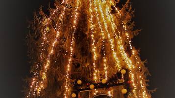 A Christmas tree adorned with lights and ornaments, with a sign reading "Amata Valgre."