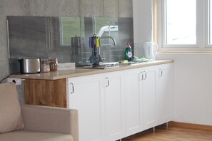 Studio | Private kitchenette | Fridge, microwave, stovetop, cookware/dishes/utensils - Lækjarhus Farm Holidays (Kalfatellsstadhur)