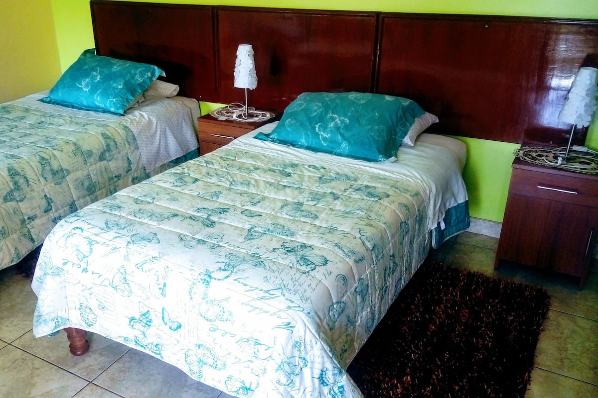Una habitación con dos camas, cada una con una colcha y almohadas estampadas con motivos florales. Hay una mesita de noche con una lámpara y un pequeño objeto decorativo encima. La habitación tiene un cabecero de madera y una pared verde.