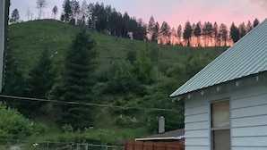 Talo, jossa on kalteva katto, etupiha nurmikolla, puinen aita ja pieni pöytä, jonka päällä on ruukussa oleva kasvi.