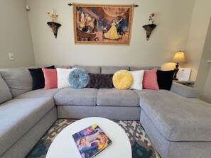 Smart TV, fireplace, video games, DVD player