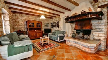 Smart TV, fireplace, DVD player, foosball