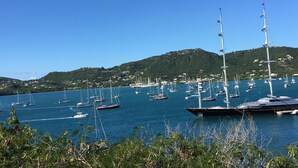 Un puerto deportivo con varios veleros amarrados, rodeado de colinas verdes exuberantes y un cielo azul despejado.
