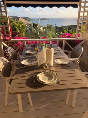 Outdoor dining - Fabulous Sea and Harbor Views and on a clear morning You can see Guadaloupe (Falmouth)