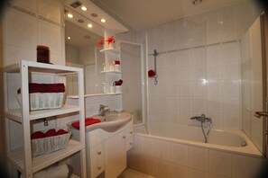 Hair dryer, towels, soap