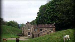 A stone building with a sloped roof, surrounded by a grassy area with sheep grazing. - Luxurious Converted Bothy/Barn In an Idyllic Setting (West Burton)