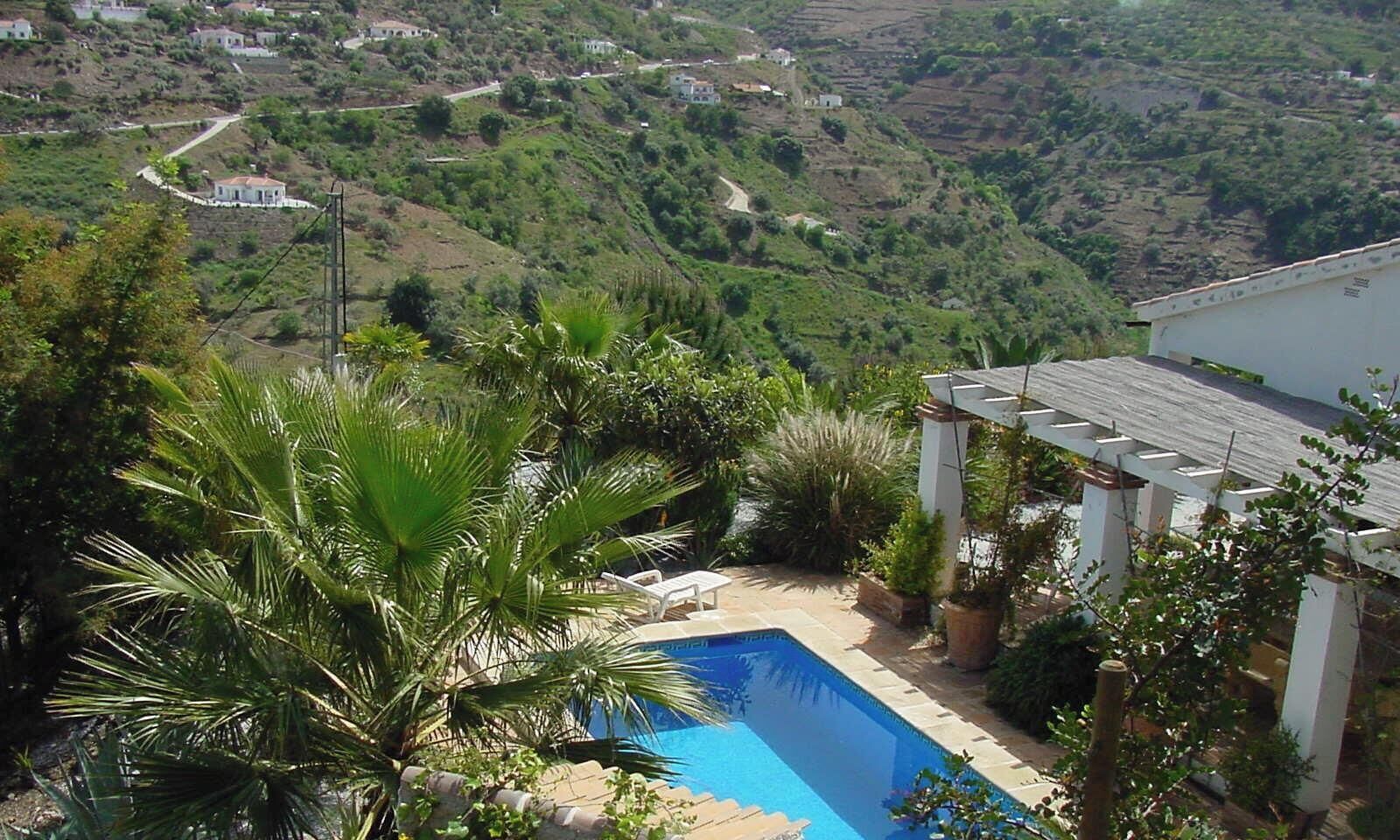 A swimming pool surrounded by lush greenery and a white building with a tiled roof.