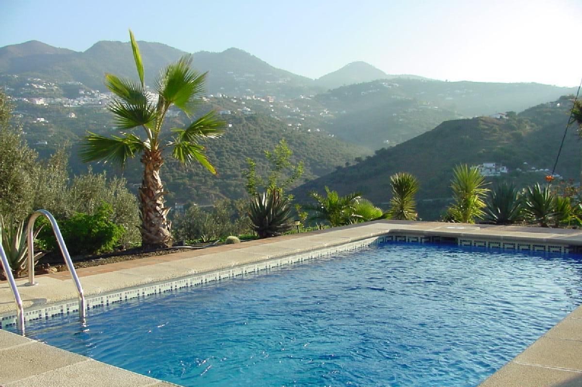 A swimming pool with a view of mountains, surrounded by palm trees and a clear sky.