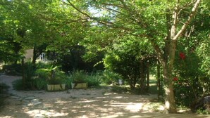 A paved pathway in a garden area with trees and shrubs. - On the edge of a forest, in green Provence, with private swimming pool (Brignoles)