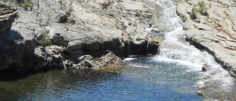 A rocky riverbed with clear water flowing over rocks, surrounded by greenery and trees.