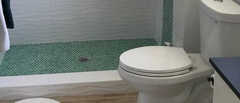 Casa de banho com chuveiro, sanita e dois tapetes no chão.