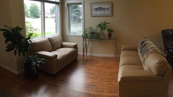 Flat-screen TV, fireplace, video games, DVD player