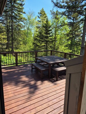 Una terraza de madera con una mesa de picnic y bancos, rodeada por una barandilla de metal y árboles verdes frondosos.