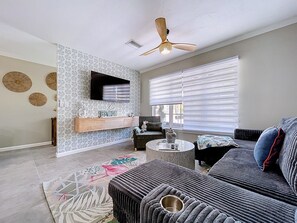 TV, books, video library, stereo