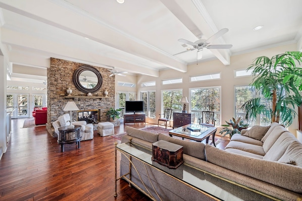 Smart TV, fireplace, DVD player, books