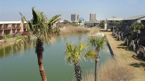 Un hotel con una fontana, palme e vista sullo skyline della città.