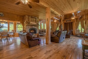 Smart TV, fireplace, video games, DVD player