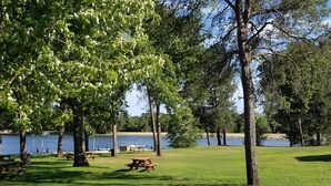 En park med picnicborde og en sø.