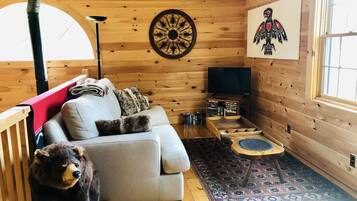 Una Smart TV, una chimenea, un reproductor de DVD, libros