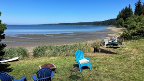 Un espace verdoyant avec des sièges extérieurs, comprenant des chaises bleues et une table, offrant une vue sur une plage et une zone boisée.
