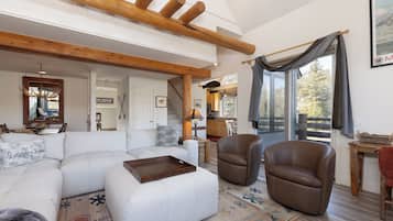 TV connectée, cheminée, livres