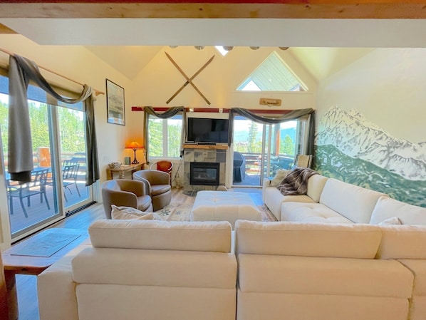 Smart TV, fireplace, books