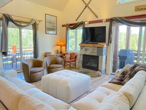Smart TV, fireplace, books