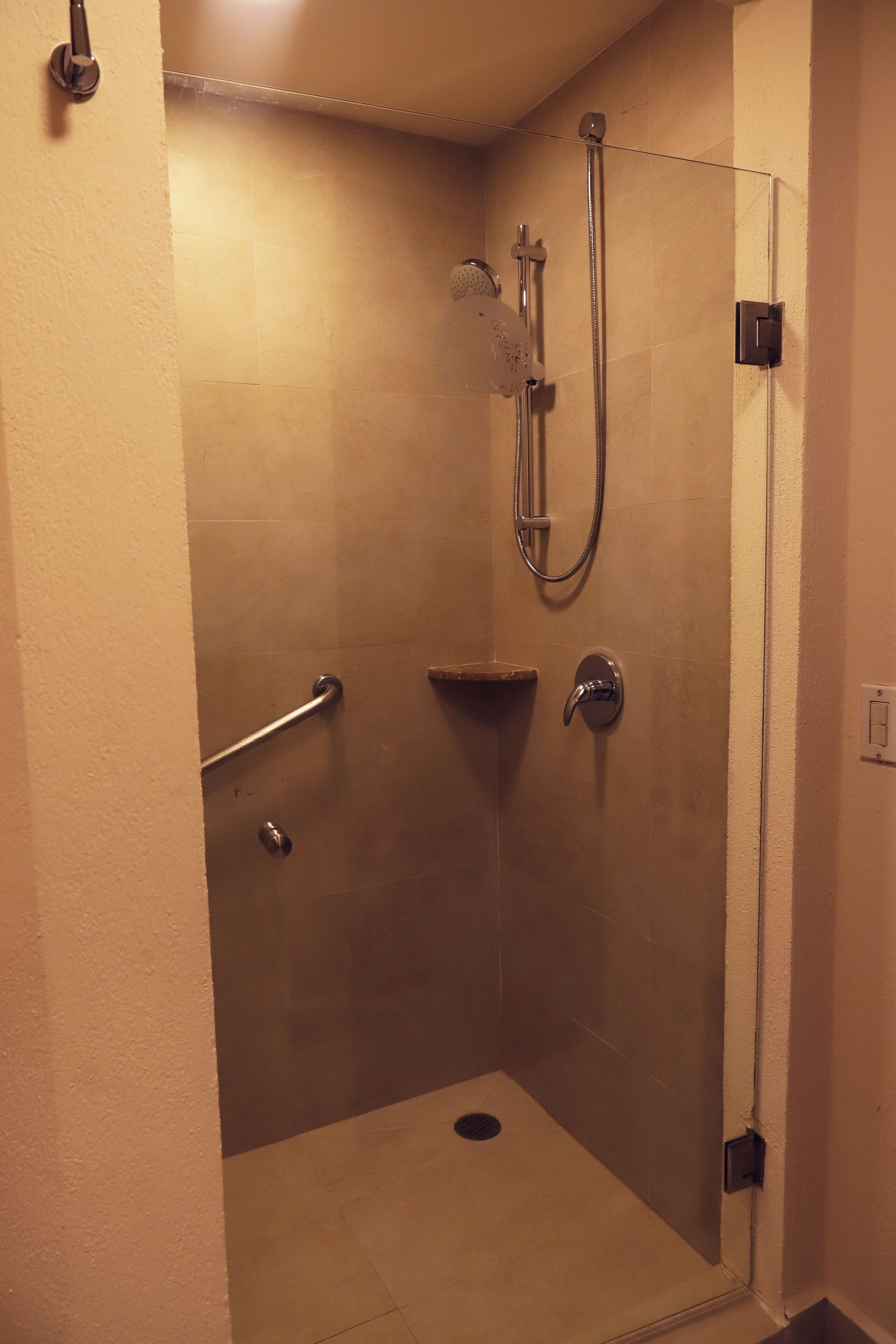 A walk-in shower with a glass door, a handheld showerhead, a handheld shower nozzle, and a handheld shower attachment.