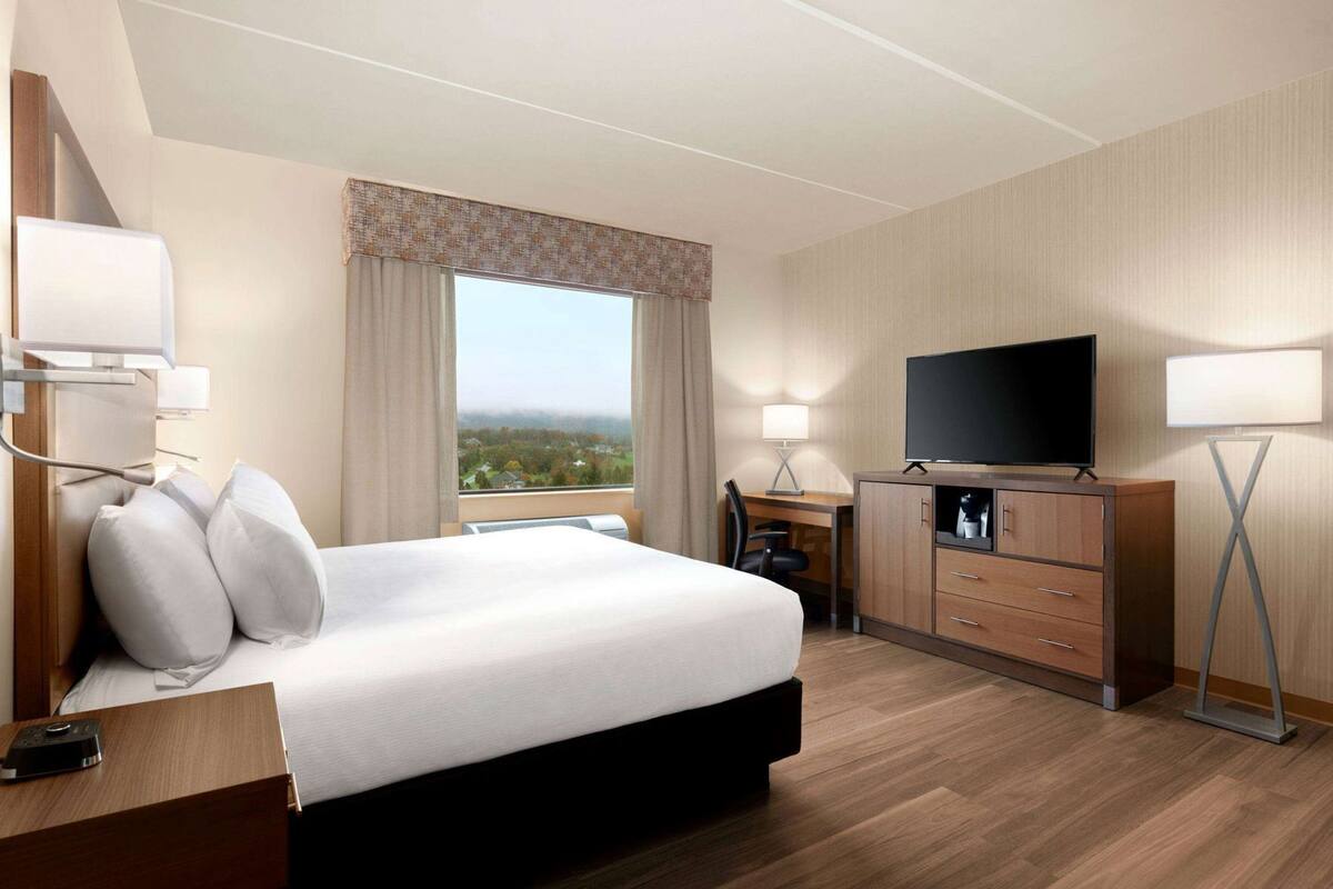 A hotel room with a bed, desk, TV, and a view of the outdoors.