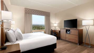 A hotel room with a large bed, a desk with a chair, a television, and a window with a view of the landscape.