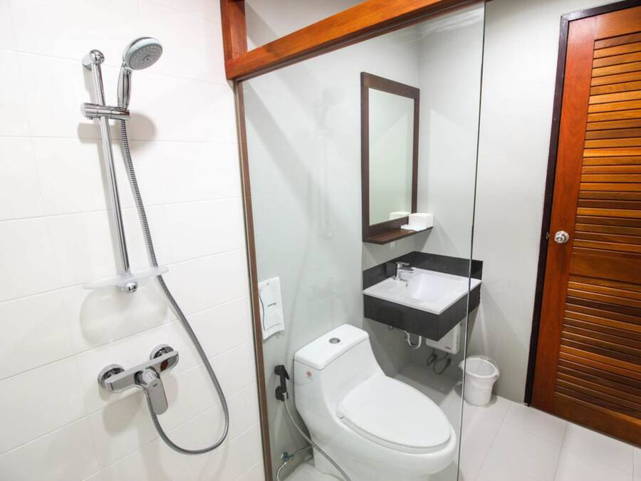 A bathroom with a glass-enclosed shower, a white toilet, a sink with a mirror above it, and a wooden door.