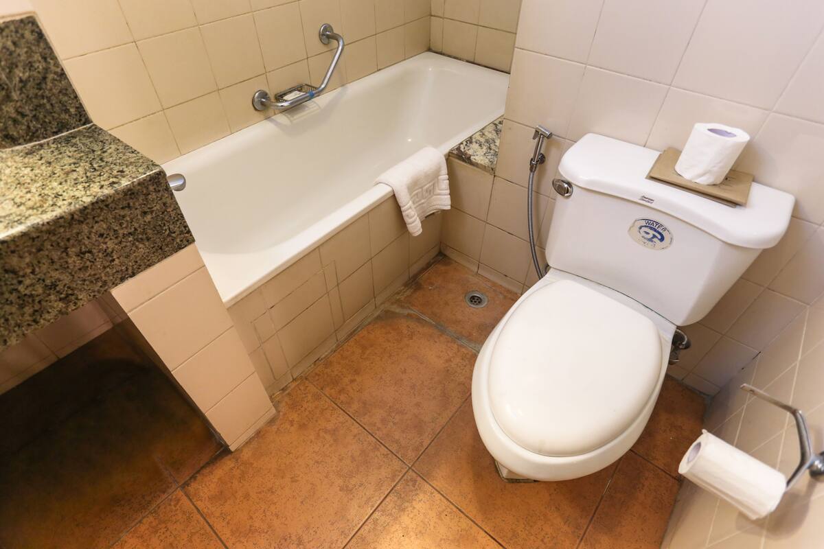 separate bathtub and shower, free toiletries, hair dryer, bathrobes