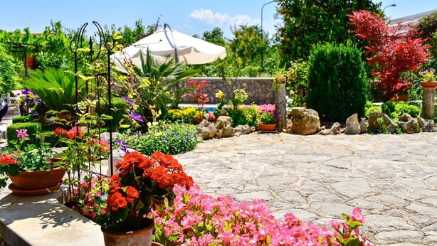 Un jardín con plantas en macetas, un camino de piedra y un paraguas blanco.