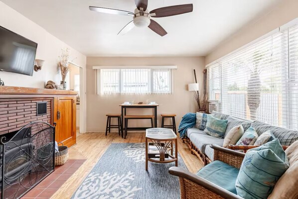 TV, fireplace, DVD player, books