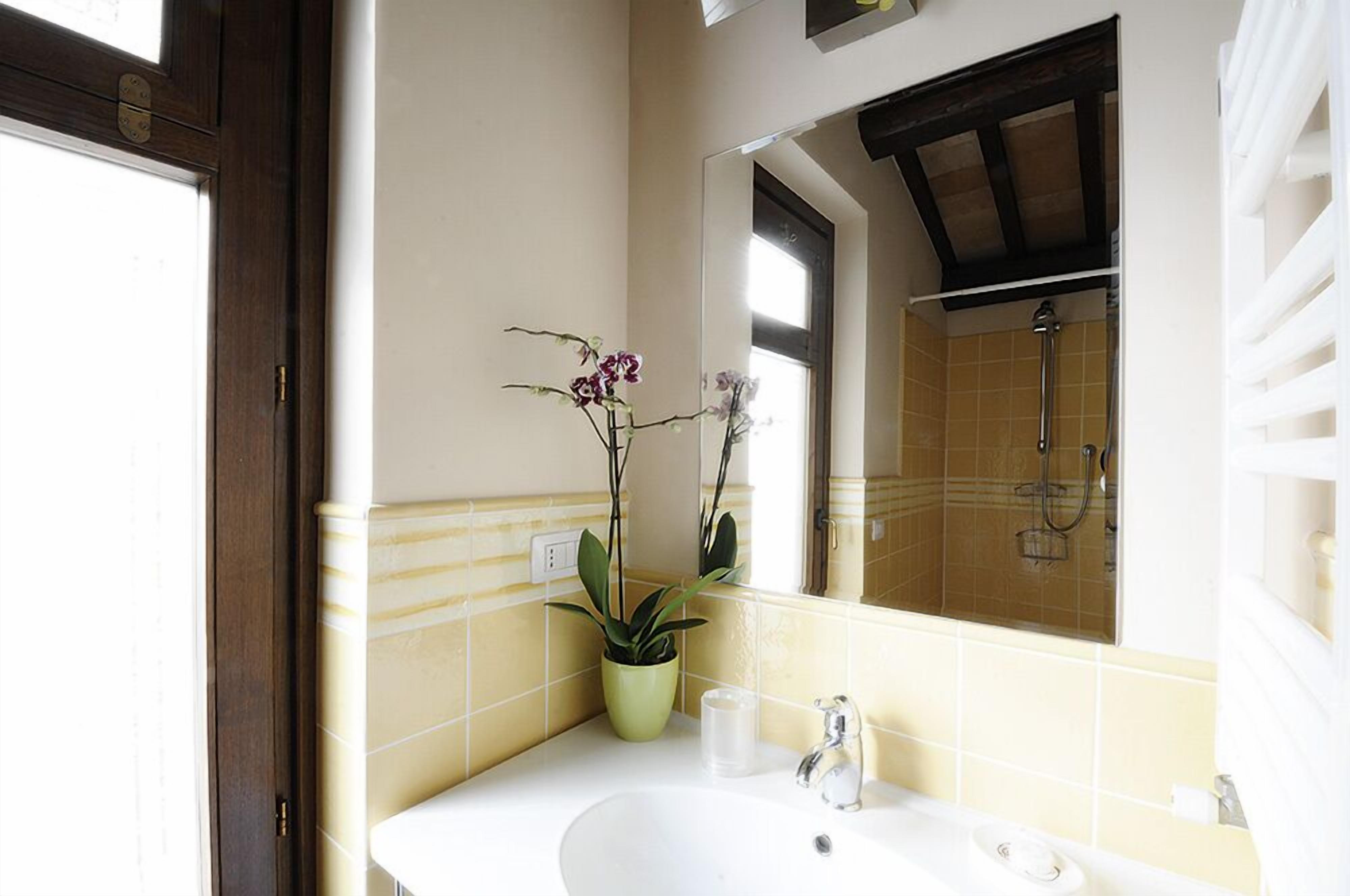 Une salle de bain avec un lavabo, un miroir et une douche. Deux plantes en pot sont posées sur le comptoir.