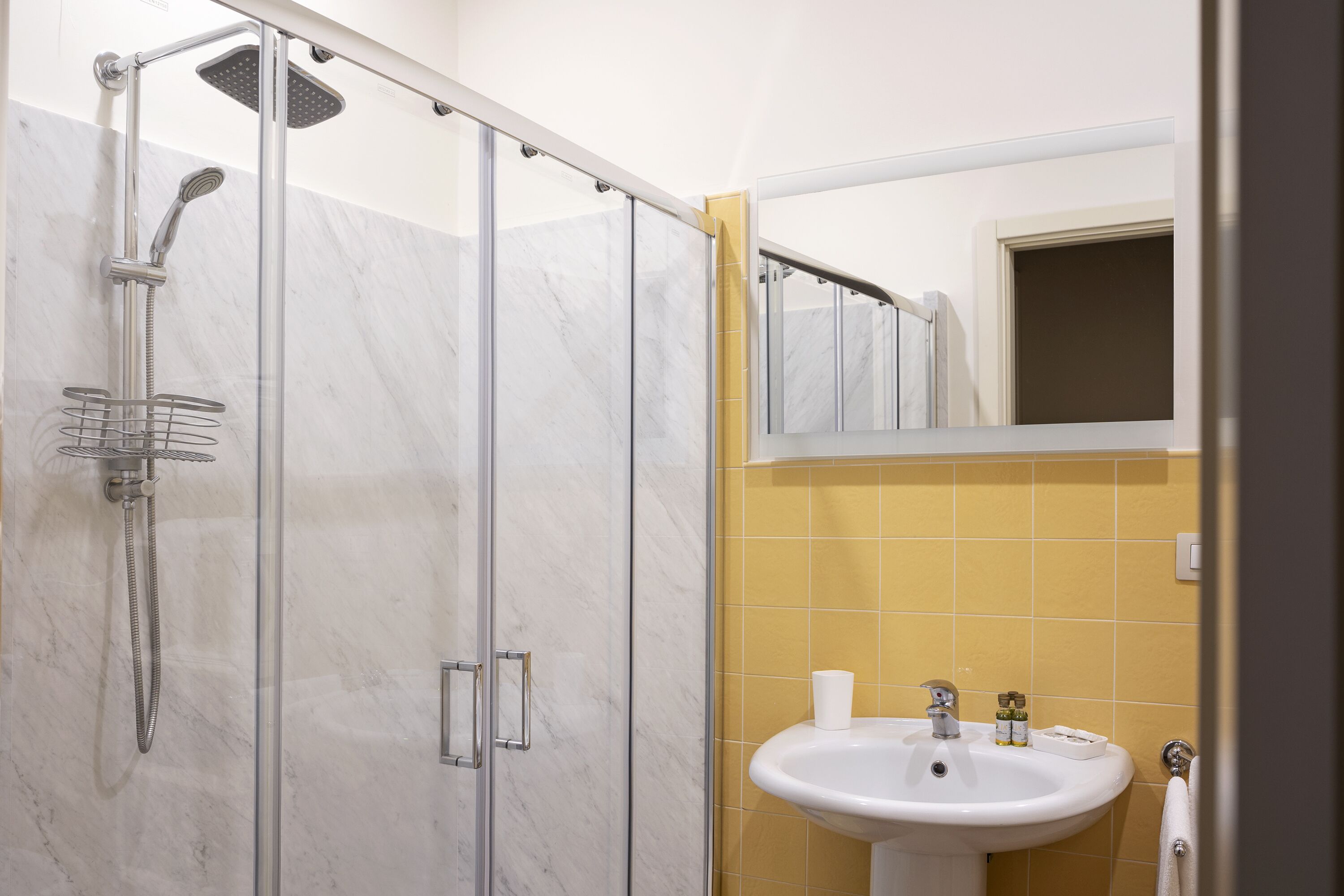 Une salle de bain avec une douche à parois de verre, un lavabo blanc et un miroir au-dessus.