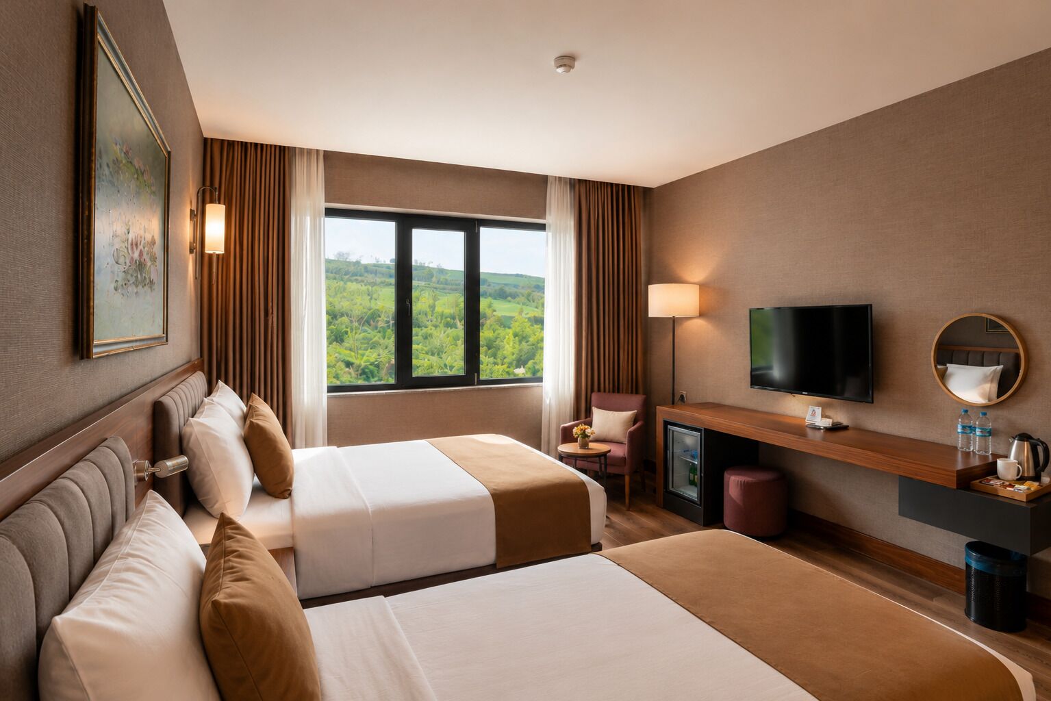 A hotel room with two beds, a TV, a desk with a mirror, and a view of greenery outside.