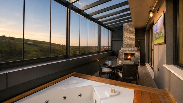 A room with a large window, a fireplace, a hot tub, and a dining area. - Hilas Thermal Resort & Spa Aquapark (Ladik)