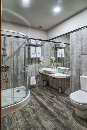 Ein modernes Badezimmer mit einer Duschkabine, einem Waschbecken inklusive Spiegel und einer Toilette.