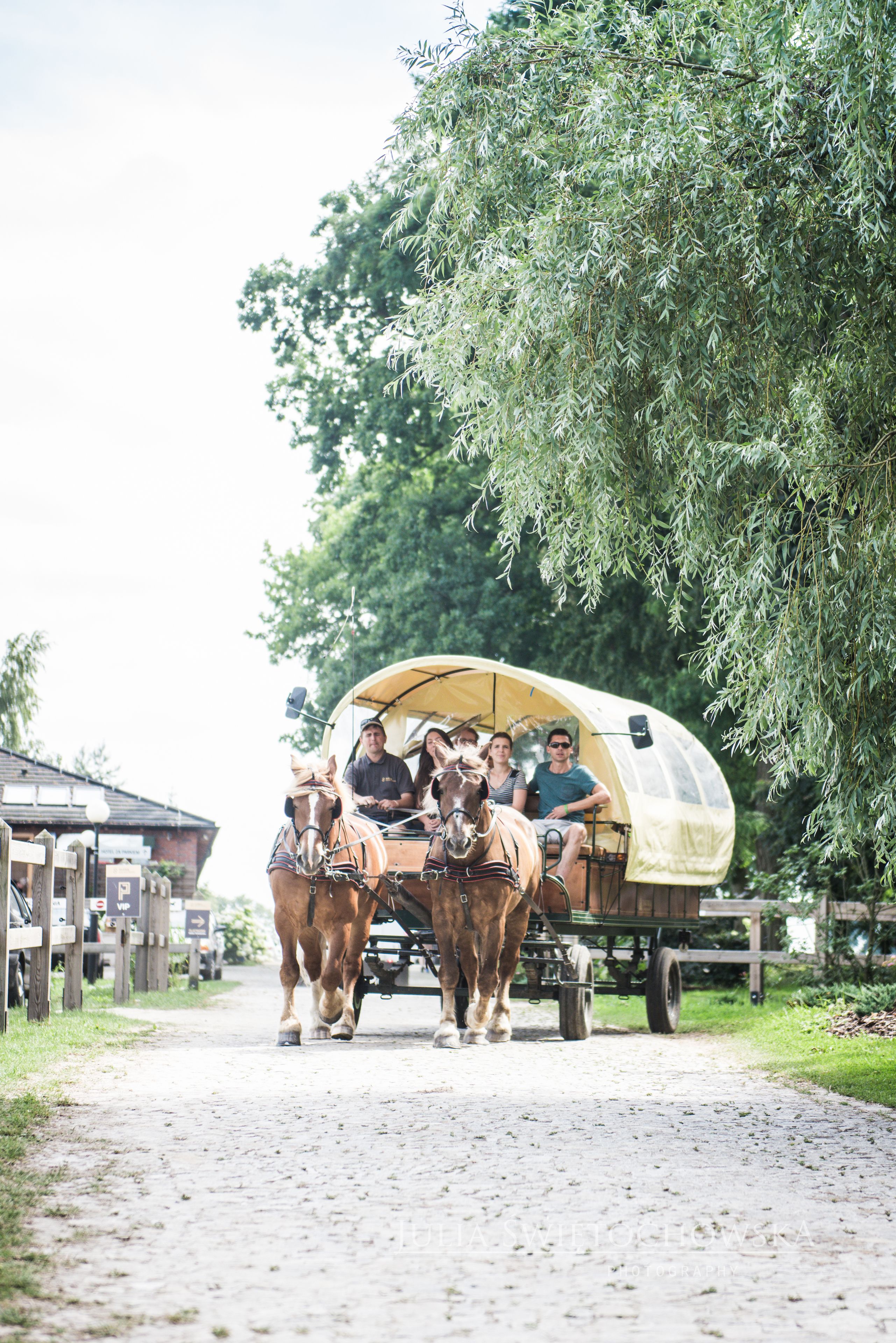 Un carruaje cubierto con pasajeros y caballos en un camino de tierra.