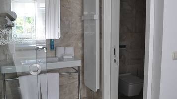 A modern bathroom with a glass partition, a white sink, a mirror, and a shower area.