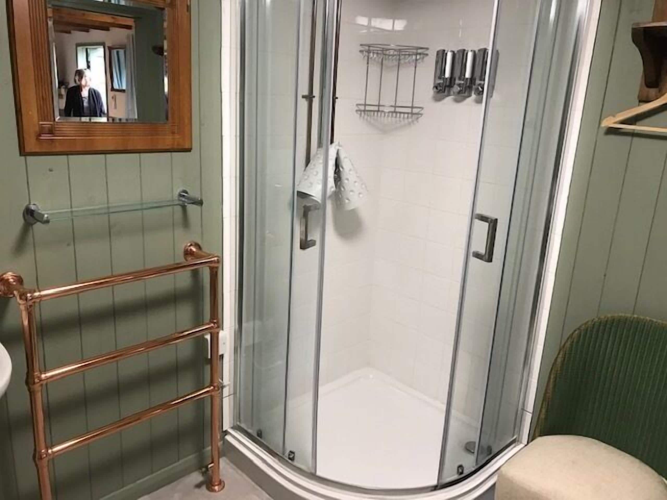 Una ducha con puertas de vidrio, un perchero de cobre y un espejo sobre el lavabo.