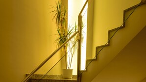 Eine Treppe mit Glasgeländern und einem Blumentopf auf der Podestfläche.