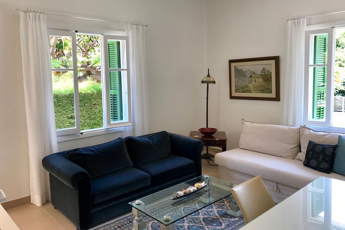 A living room with a dark blue sofa, a white sofa, a glass coffee table, and a painting on the wall.