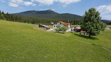 Entorno rural con una casa blanca grande y techo rojo, rodeada de campos verdes y una montaña al fondo.