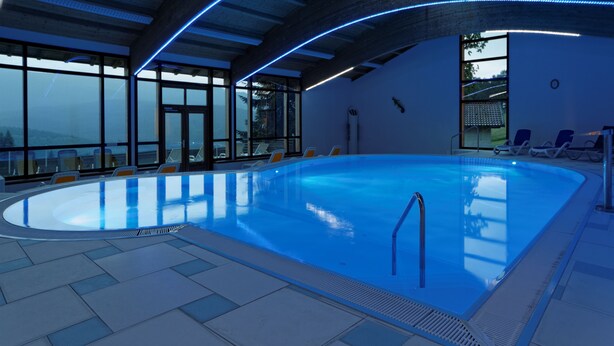 An indoor swimming pool with clear glass walls, a curved ceiling, and a view of the outdoors. - Osserhotel (Lohberg)