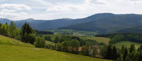 Una vista panorámica de un valle con colinas onduladas, un pequeño pueblo y bosques densos.