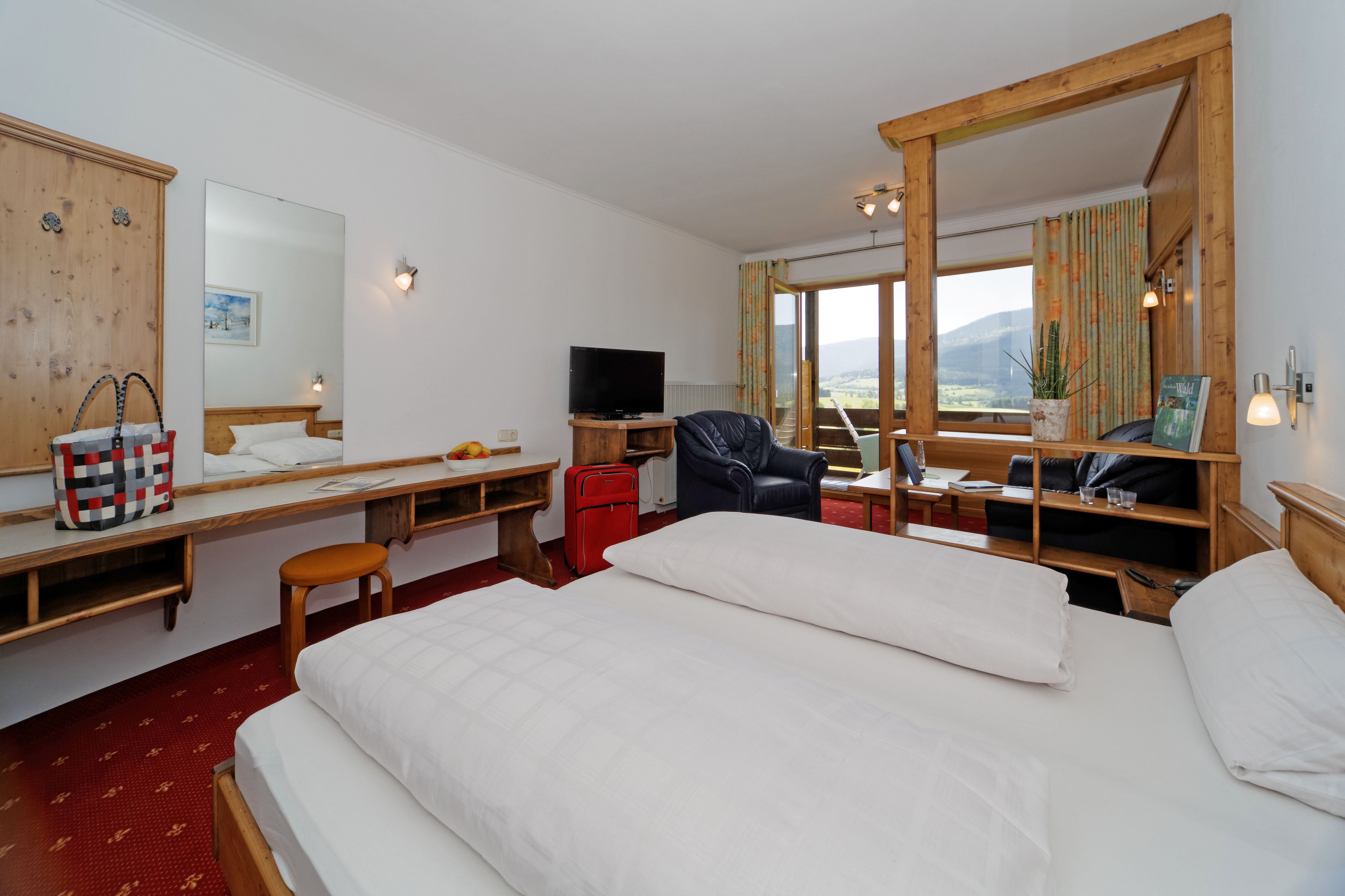 Habitación de hotel con una cama grande, un escritorio con una silla, un televisor y vistas al exterior.