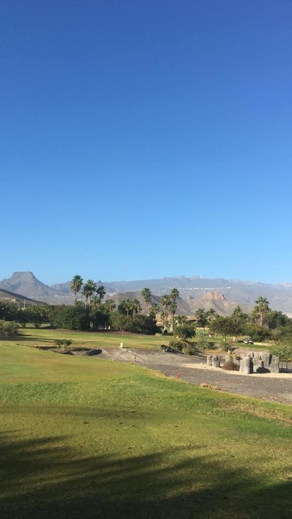 Camp de golf sota un cel clar, amb palmeres i muntanyes al lluny.